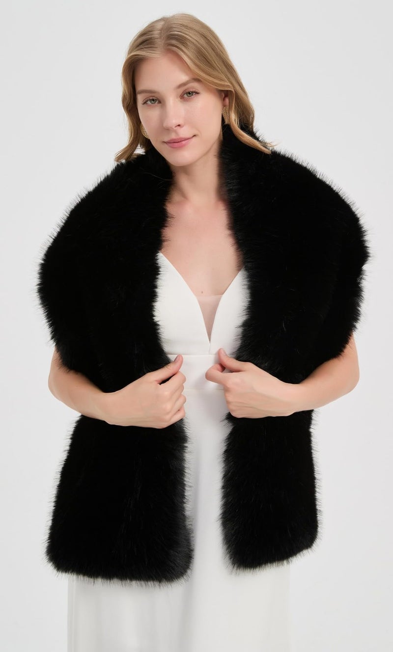 DJBM Women's Faux Fur Shawl Wraps Cloak Coat Sweater Cape for Evening Party Silver - Image 4